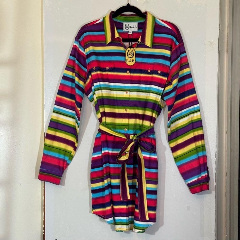 L&B Bright Multicolor Striped Button Down Shirt Dress Size XL Western Belted NWT